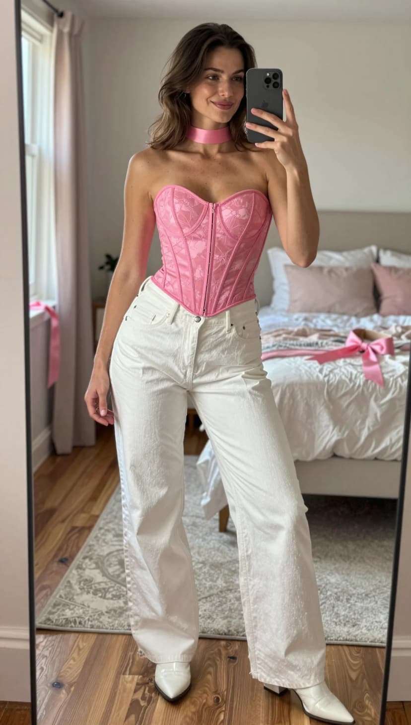 Pink Brocade Corset + White Textured Wide-Leg Jeans + White Pointed Toe Boots
