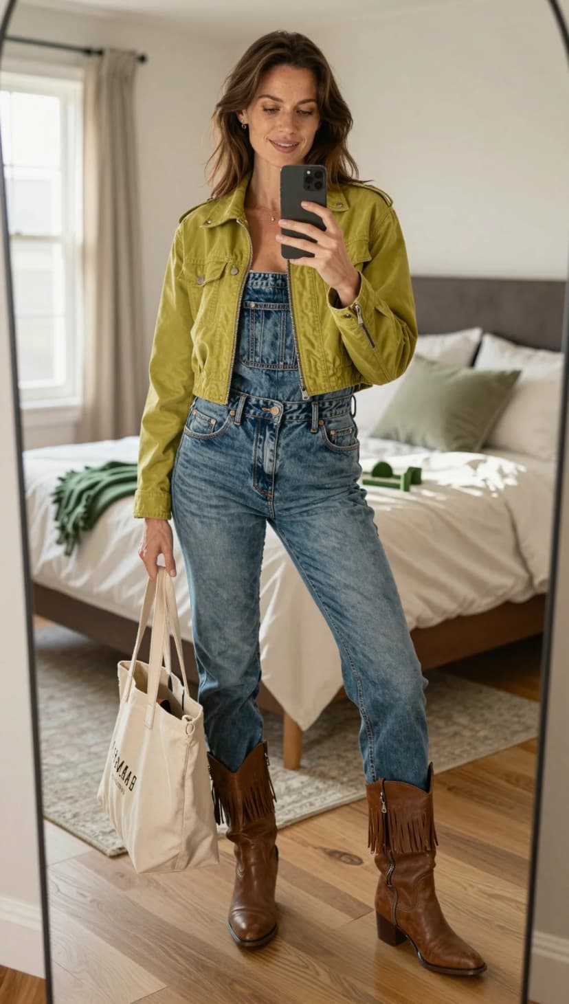 Olive Cropped Utility Jacket + Blue Denim Overalls + Brown Fringed Leather Boots