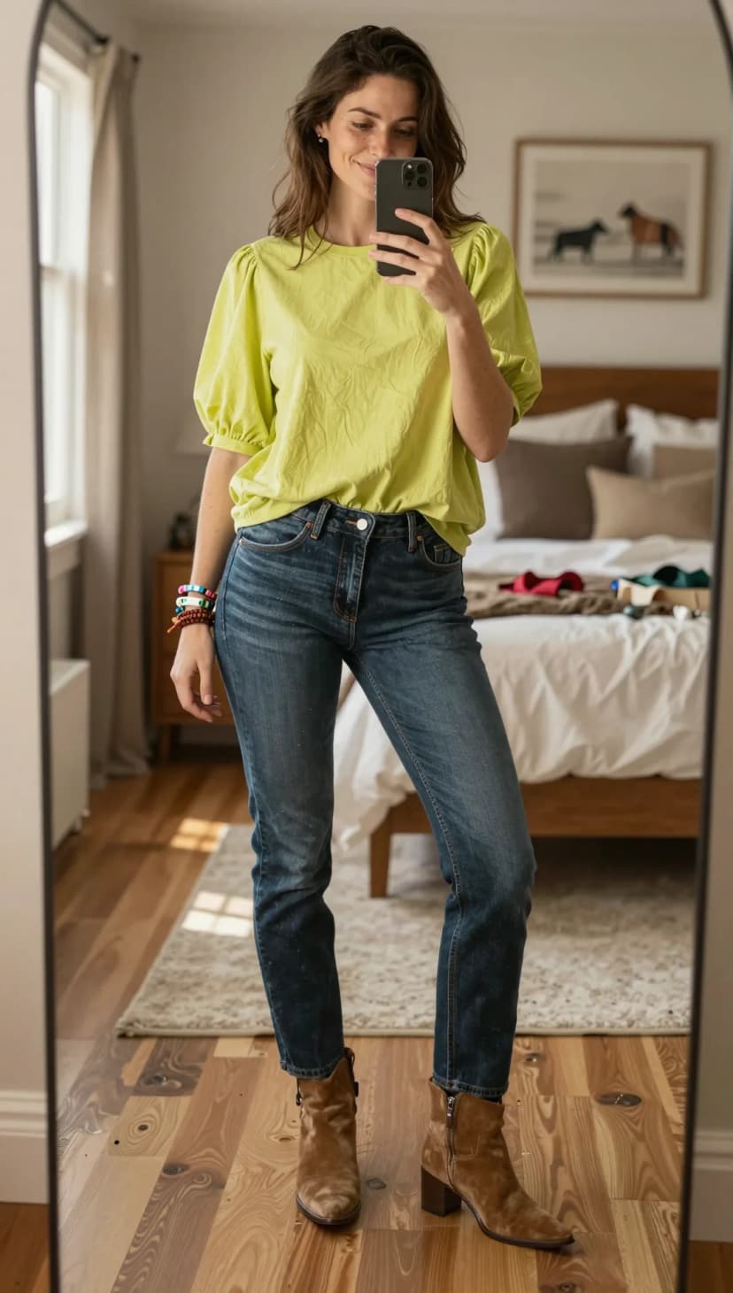 Lime Textured Puff Sleeve Top + Dark Wash Straight Leg Jeans + Taupe Suede Ankle Boots