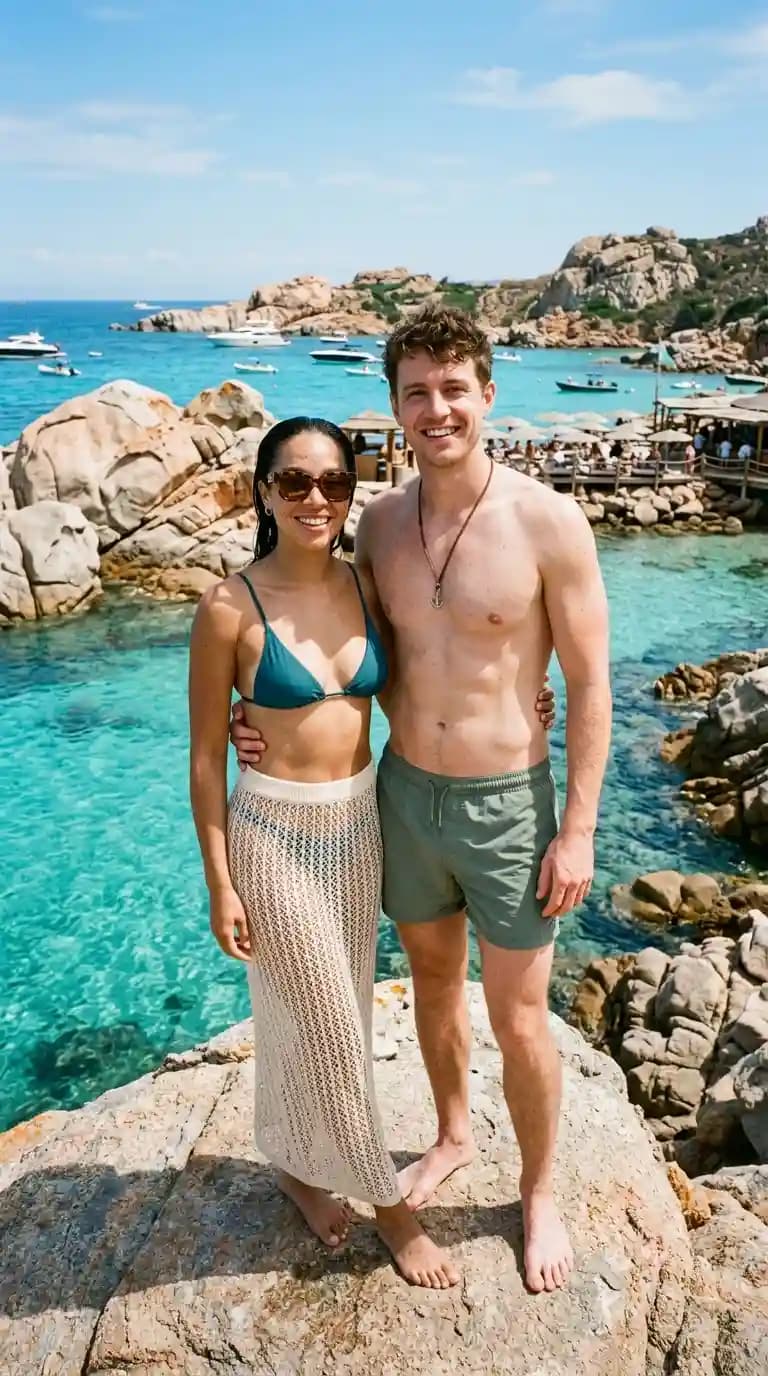 Teal Bikini Top + Crochet Maxi Skirt + Olive Green Swim Trunks