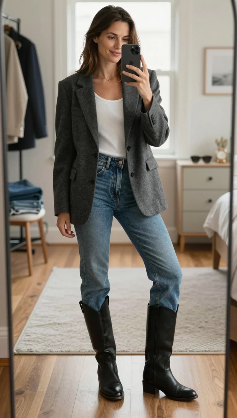 Grey Wool Blazer + White Ribbed Tank Top + Light Wash Denim Jeans + Black Leather Cowboy Boots
