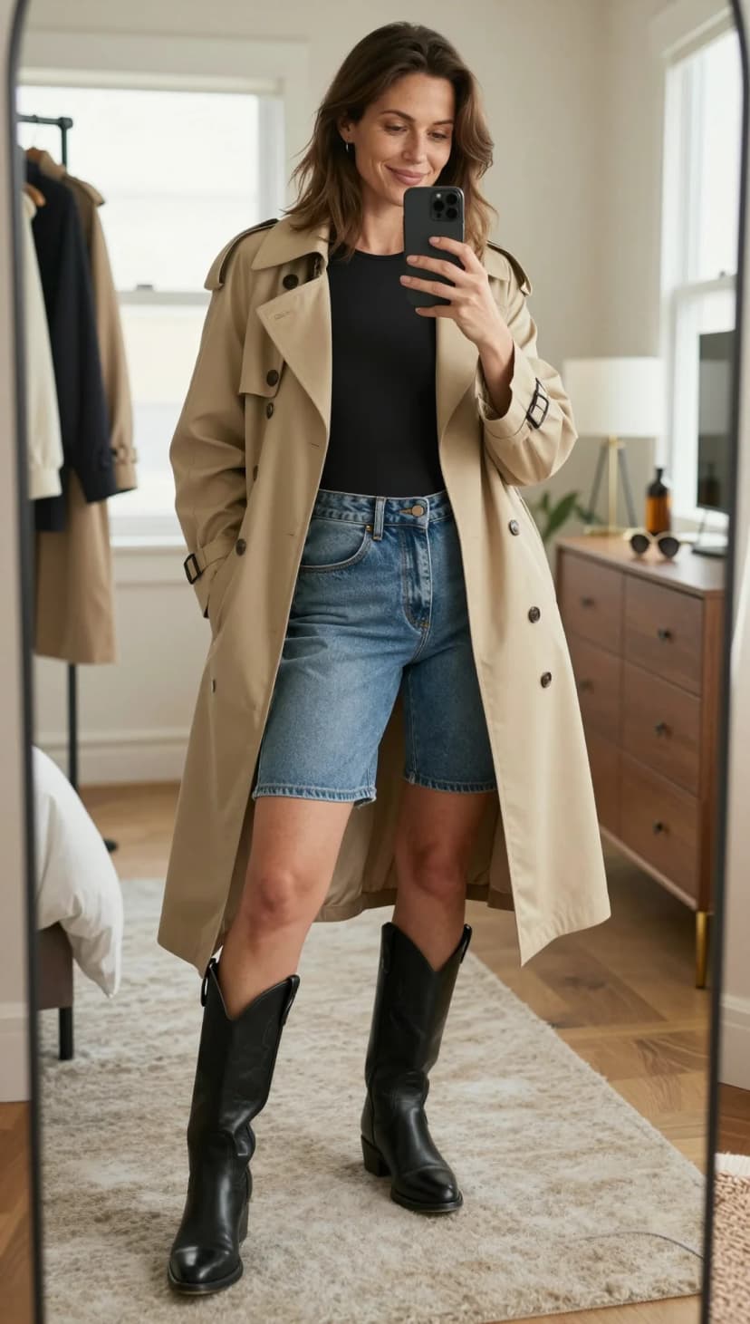 Black Bodysuit + Blue Denim Shorts + Beige Trench Coat + Black Leather Cowboy Boots