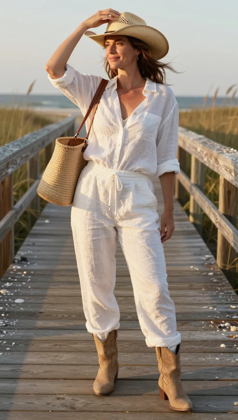 White Linen Button-Up Shirt + White Linen Drawstring Pants + Taupe Suede Cowboy Boots