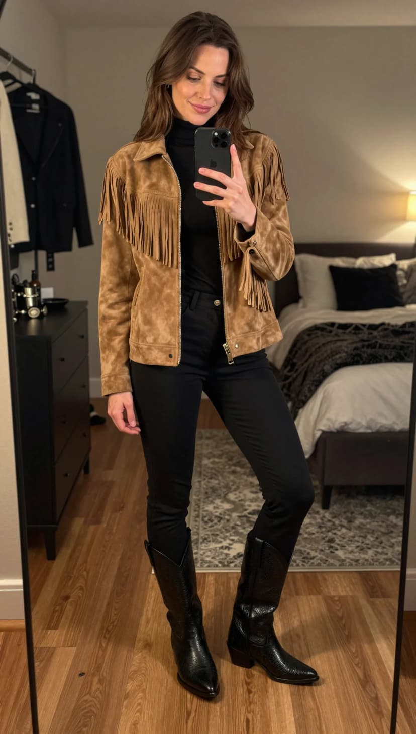 Tan Suede Fringe Jacket + Black Ribbed Turtleneck Top + Black Skinny Jeans + Black Embossed Cowboy Boots