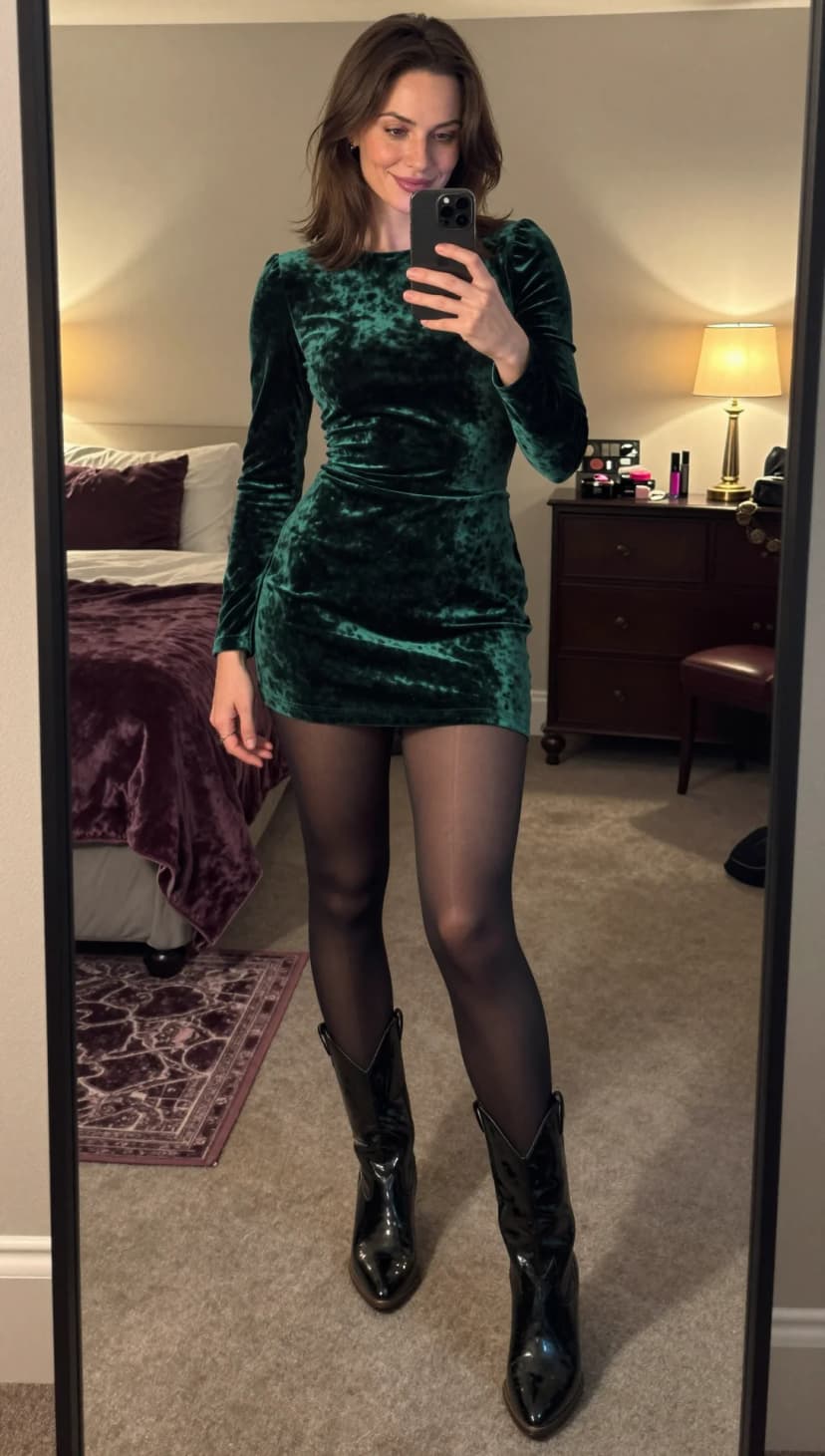 Emerald Velvet Mini Dress + Black Patent Cowboy Boots