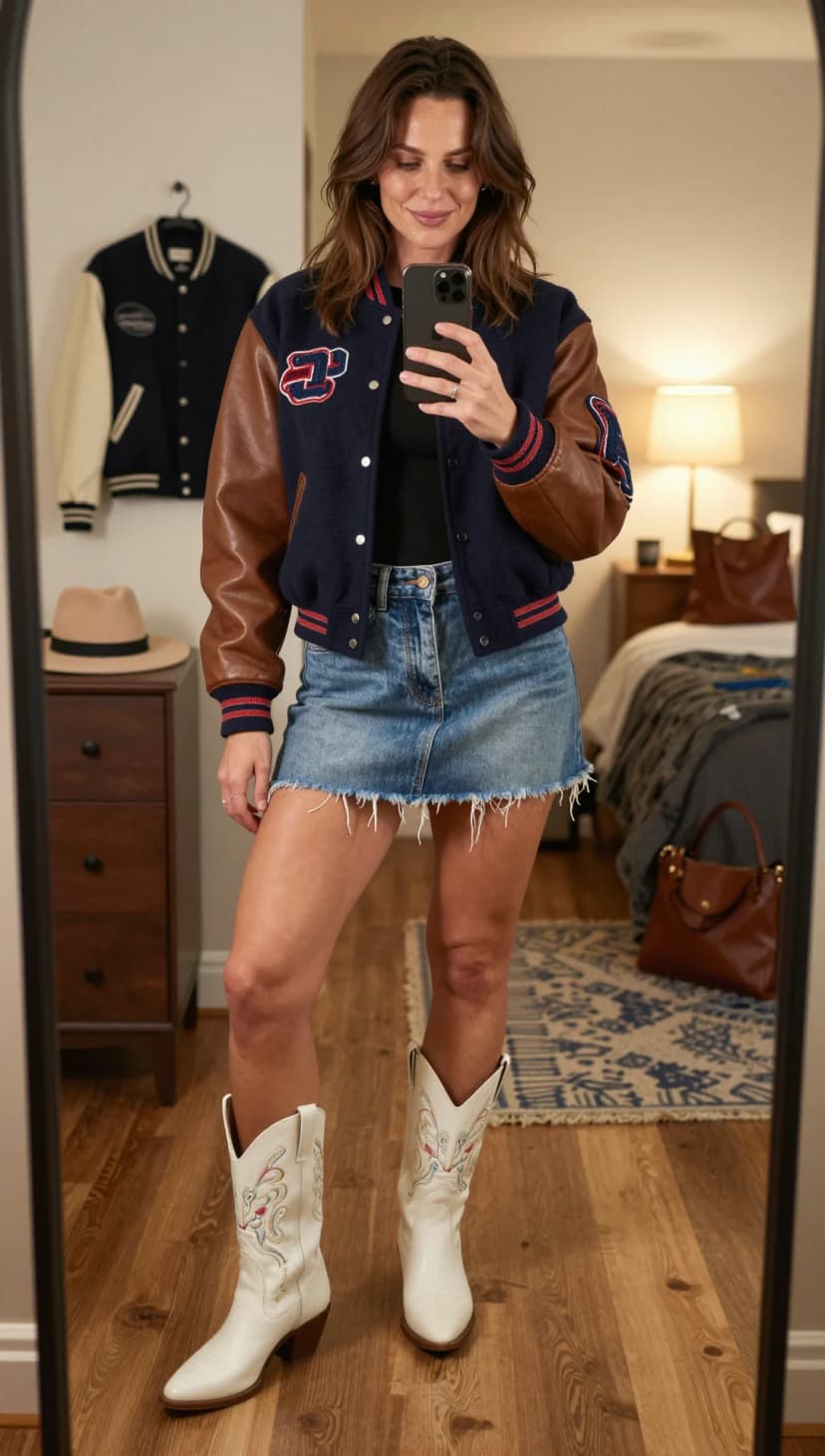Navy Wool Varsity Jacket + Black Bodysuit + Blue Denim Mini Skirt + White Embroidered Leather Cowboy Boots