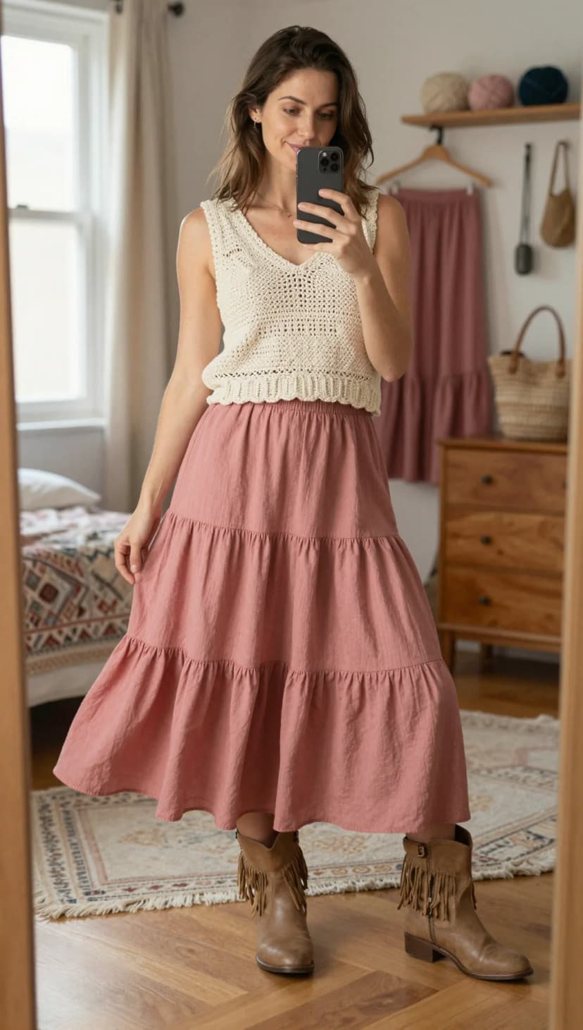 Cream Crochet Tank + Rose Tiered Maxi Skirt + Tan Suede Fringe Boots