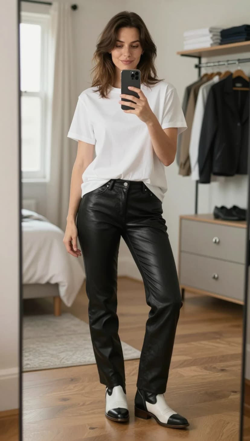 White Cotton T-Shirt + Black Faux Leather Straight Leg Pants + Black and White Leather Ankle Boots