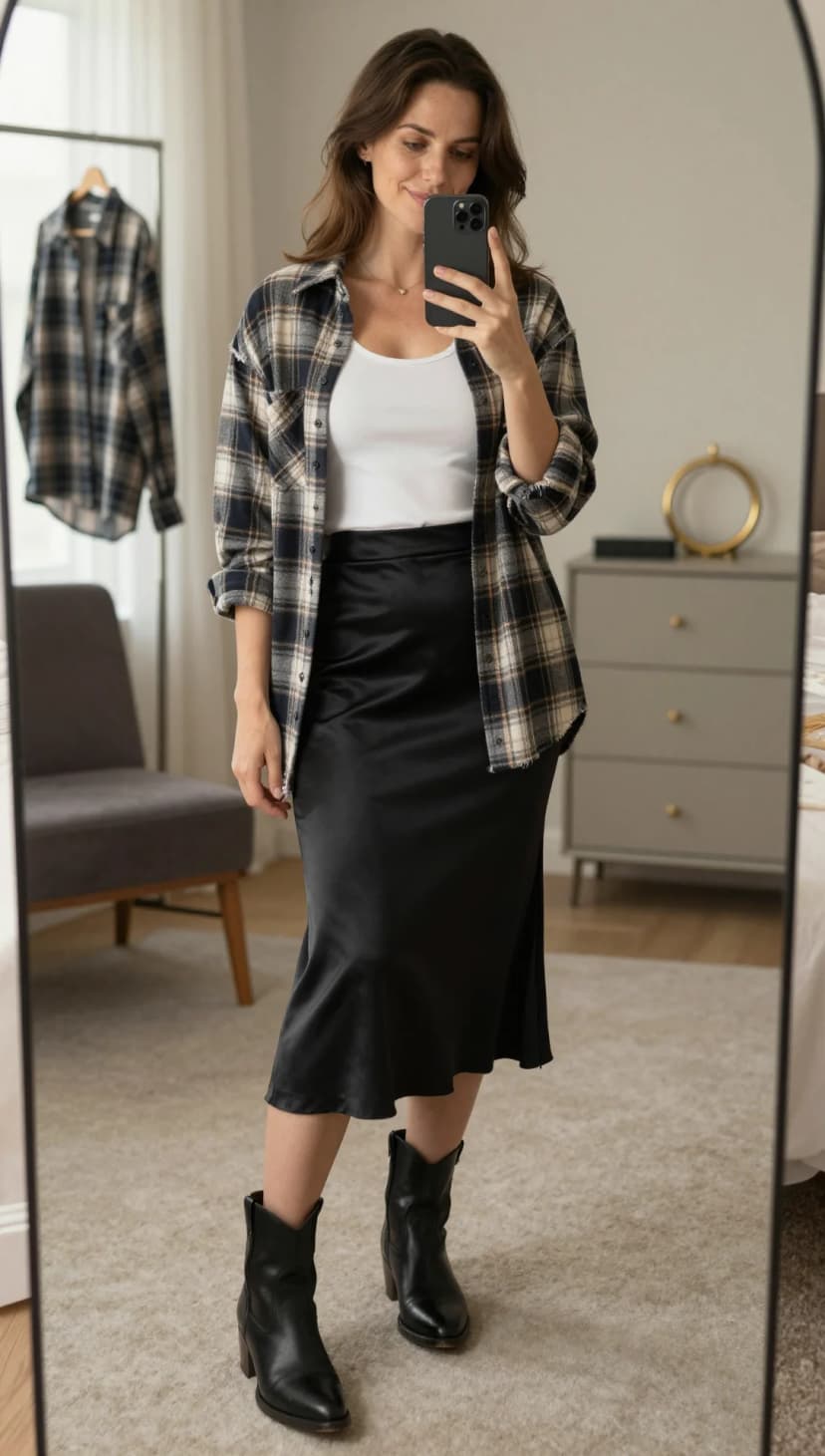 White Ribbed Tank Top + Black Satin Midi Skirt + Black Leather Cowboy Boots + Navy Plaid Flannel Shirt