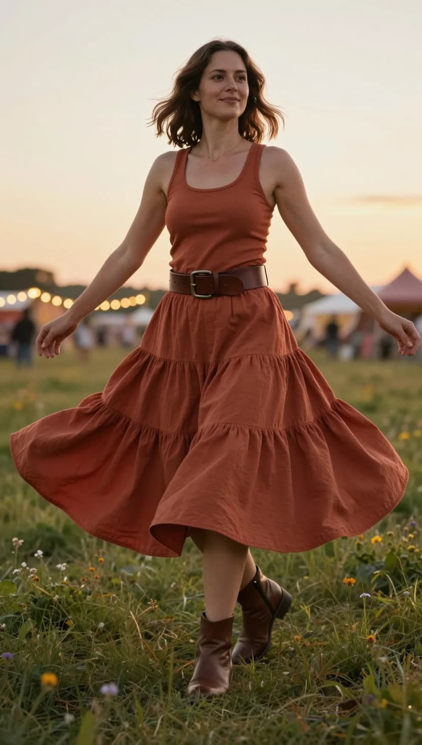 Rust Ribbed Tank Top + Rust Tiered Maxi Dress + Brown Leather Ankle Boots