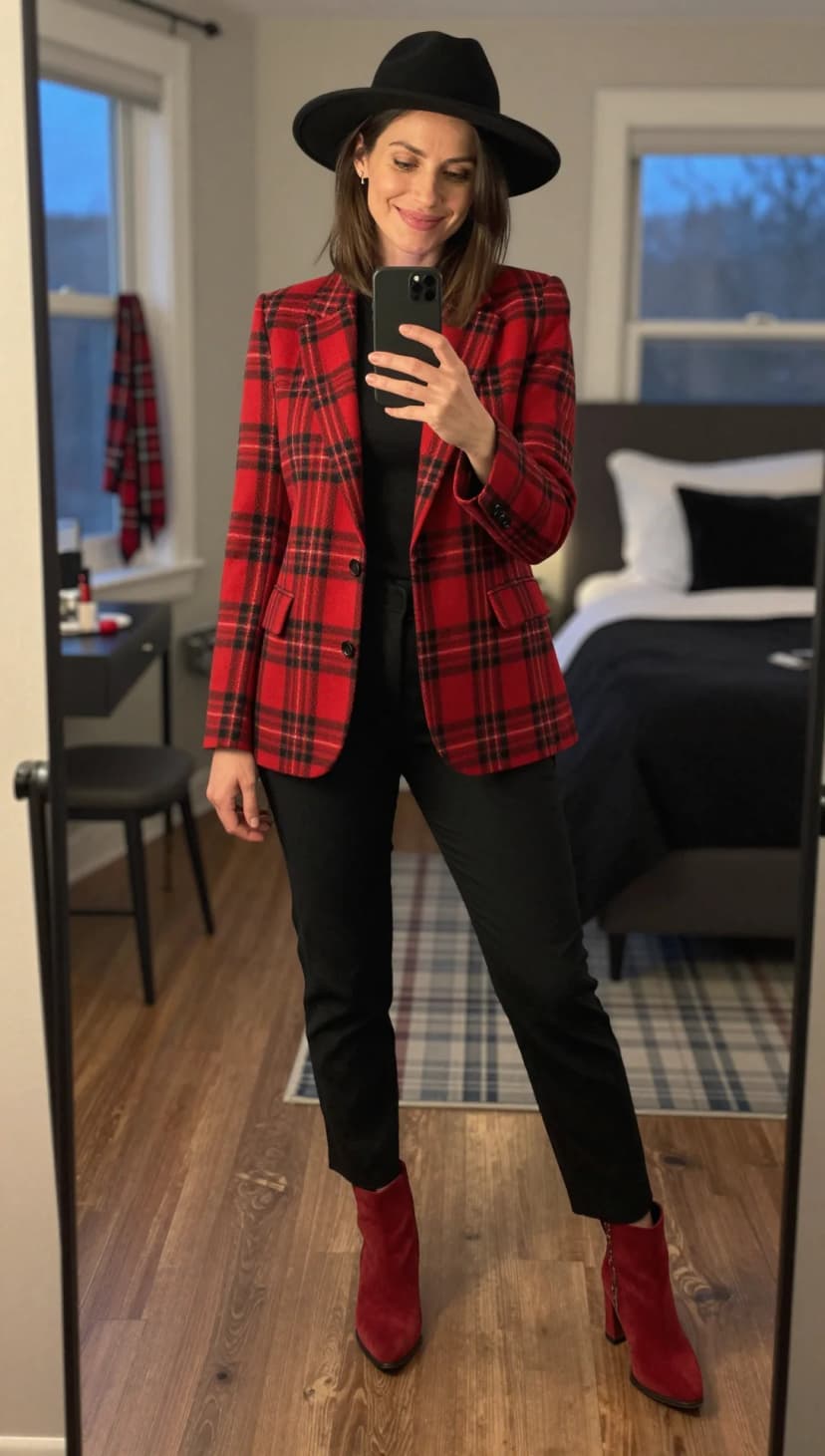 Red Plaid Wool Blazer + Black Crew Neck Top + Black Tailored Trousers + Red Suede Ankle Boots