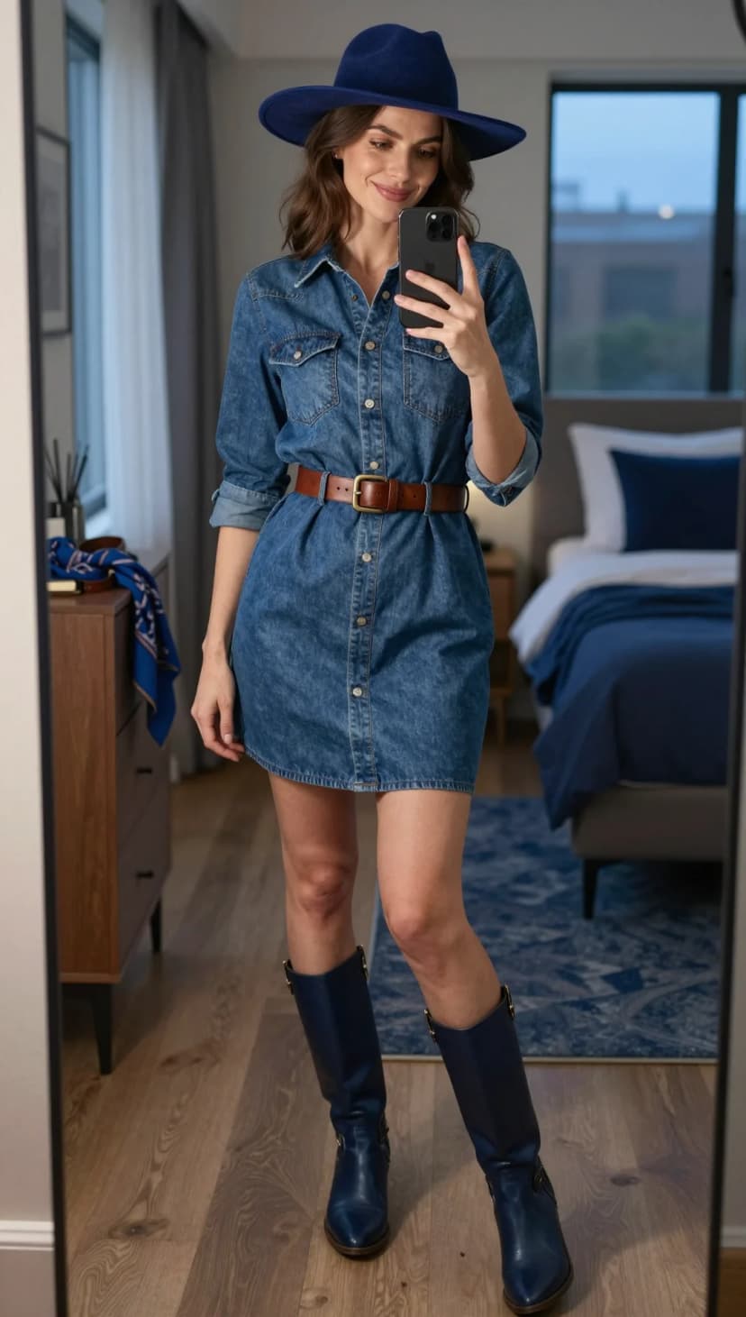 Blue Denim Shirt Dress + Brown Leather Belt + Blue Leather Boots