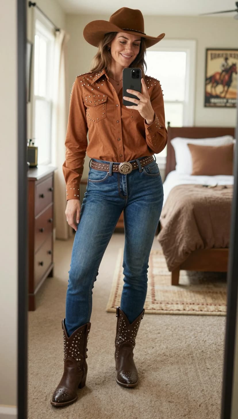 Brown Suede Studded Shirt + Blue Denim Jeans + Brown Leather Studded Boots