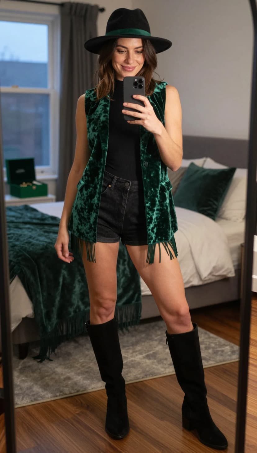 Emerald Velvet Fringe Vest + Black Mock Neck Top + Black Denim Shorts + Black Suede Boots + Black Fedora