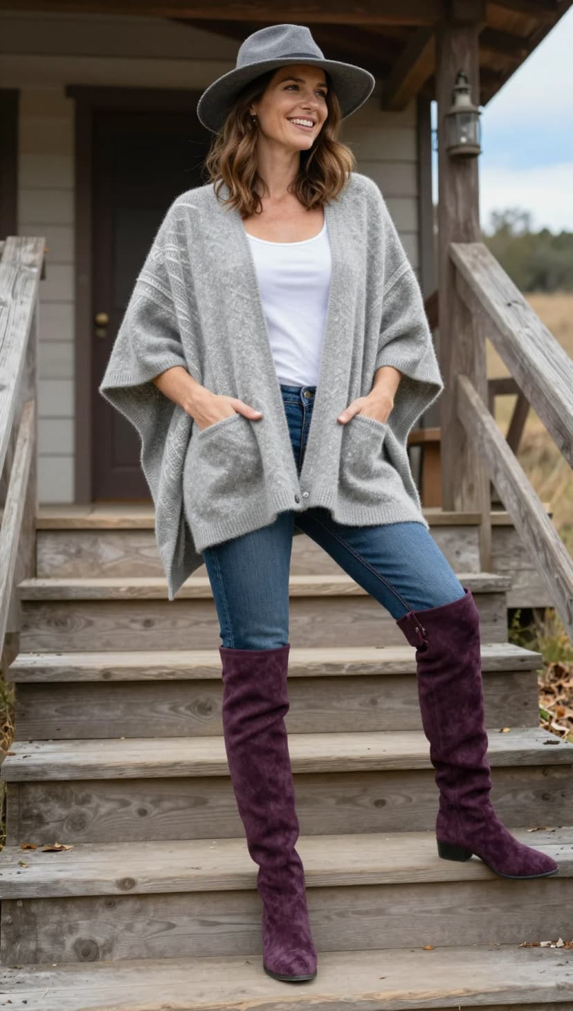 Grey Knit Poncho + White Cotton Tank Top + Dark Wash Denim Jeans + Plum Suede Over-The-Knee Boots + Grey Felt Hat