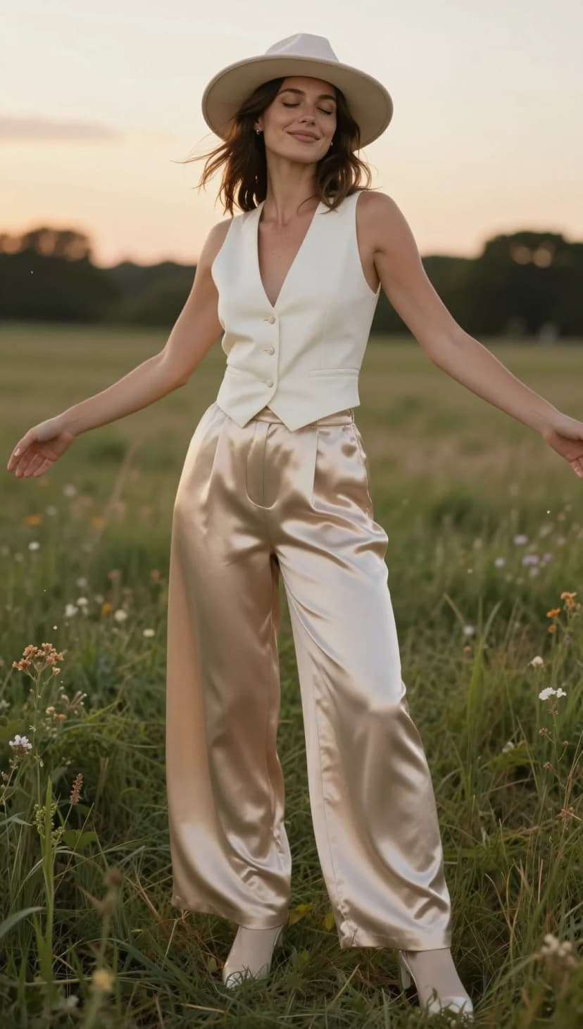 Cream Vest + Champagne Satin Wide-Leg Trousers + White Ankle Boots