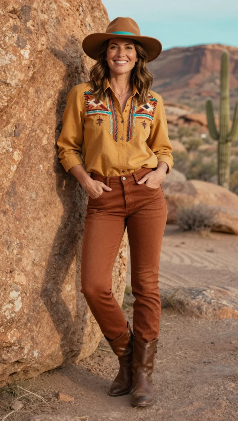 Mustard Embroidered Cotton Button-Up Shirt + Rust Corduroy Slim-Fit Pants + Brown Leather Boots