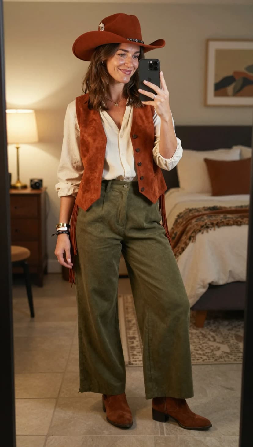 Cream Linen Button-Up Shirt + Brown Suede Fringe Vest + Olive Green Corduroy Wide-Leg Pants + Brown Suede Ankle Boots