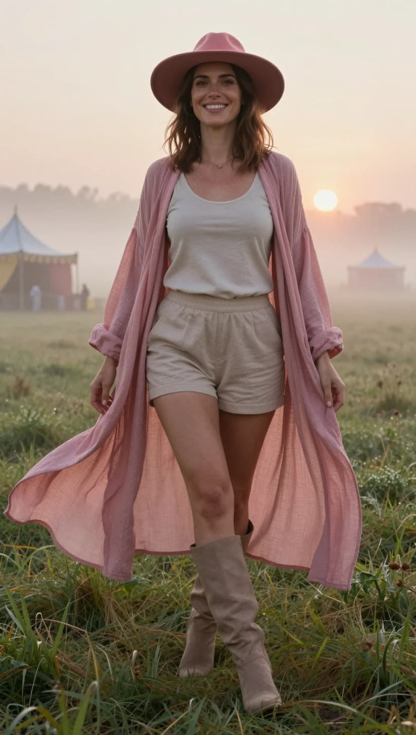 Cream Linen Tank + Beige Linen Shorts + Pink Gauze Duster + Taupe Suede Boots