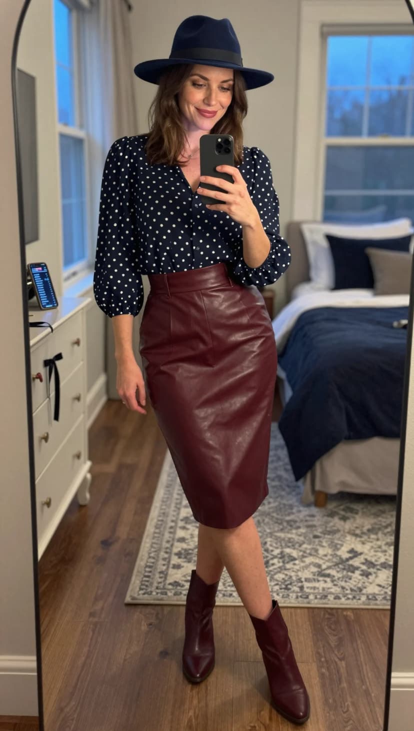 Navy Polka Dot Chiffon Blouse + Burgundy Faux Leather Pencil Skirt + Burgundy Pointed Toe Ankle Boots