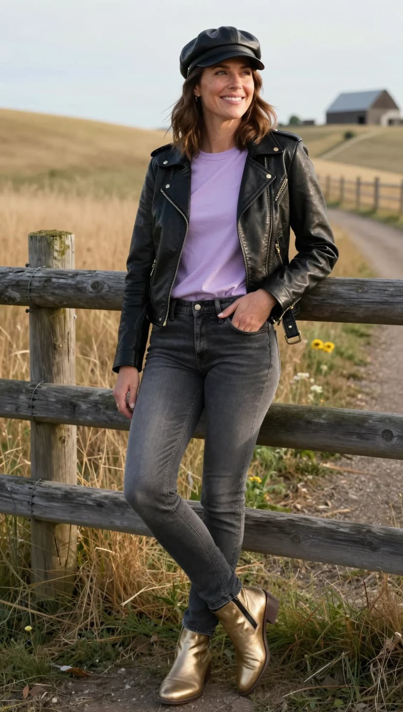Black Leather Moto Jacket + Lavender Cotton Tee + Charcoal Wash Denim Jeans + Gold Metallic Ankle Boots