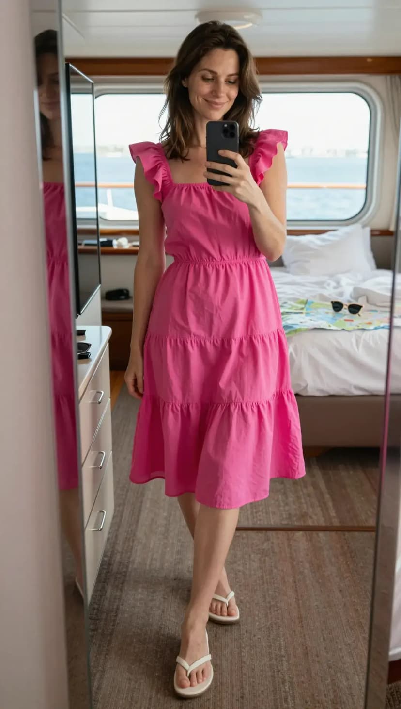 Hot Pink Cotton Tiered Dress + White Leather Flip-Flops