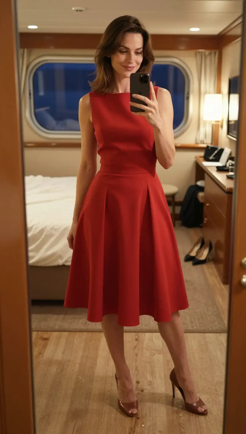 Red Sleeveless Midi Dress + Black Pointed-Toe Heels