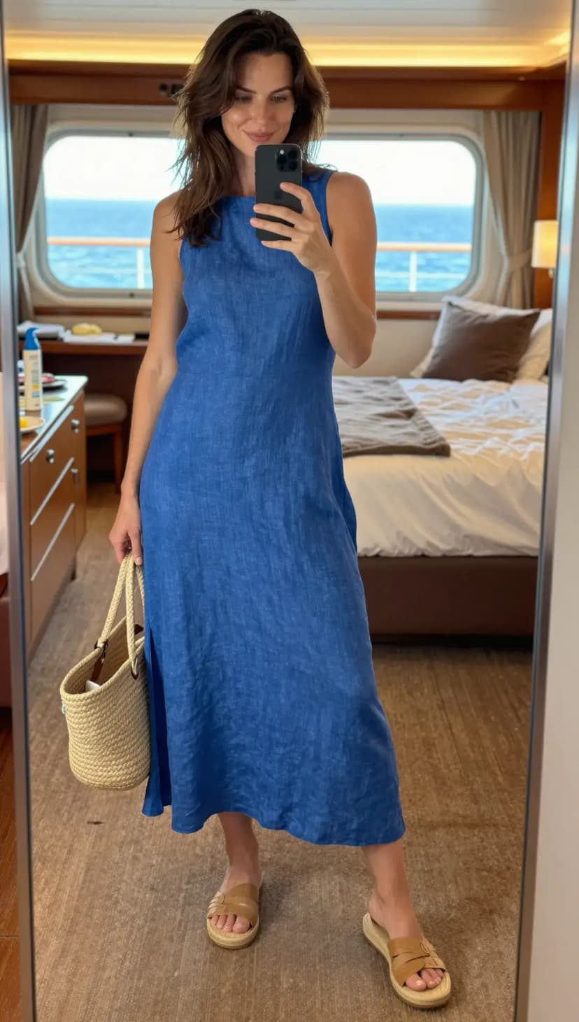 Royal Blue Linen Midi Dress + Tan Woven Slides + Natural Straw Tote Bag