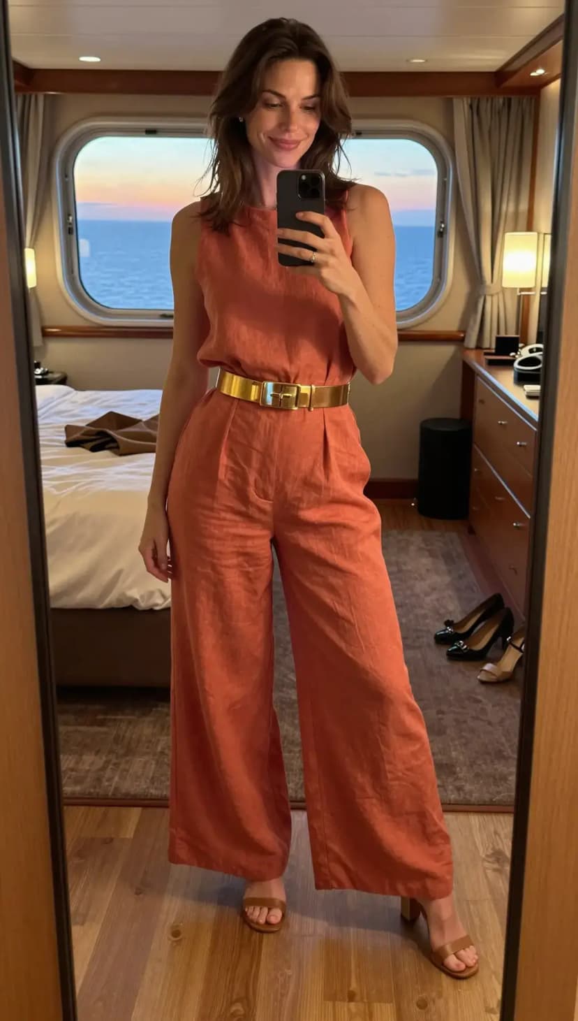 Coral Linen Sleeveless Top + Coral Linen Wide-Leg Trousers + Gold Wide Belt + Tan Block Heel Sandals