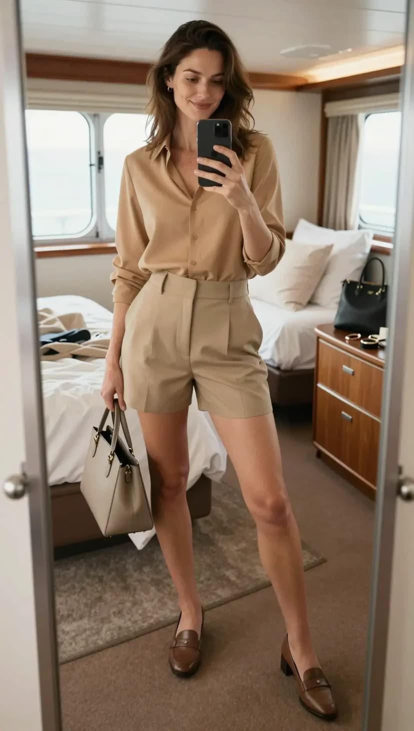 Tan Silk Button-Down + Khaki Pleated Shorts + Brown Leather Loafers