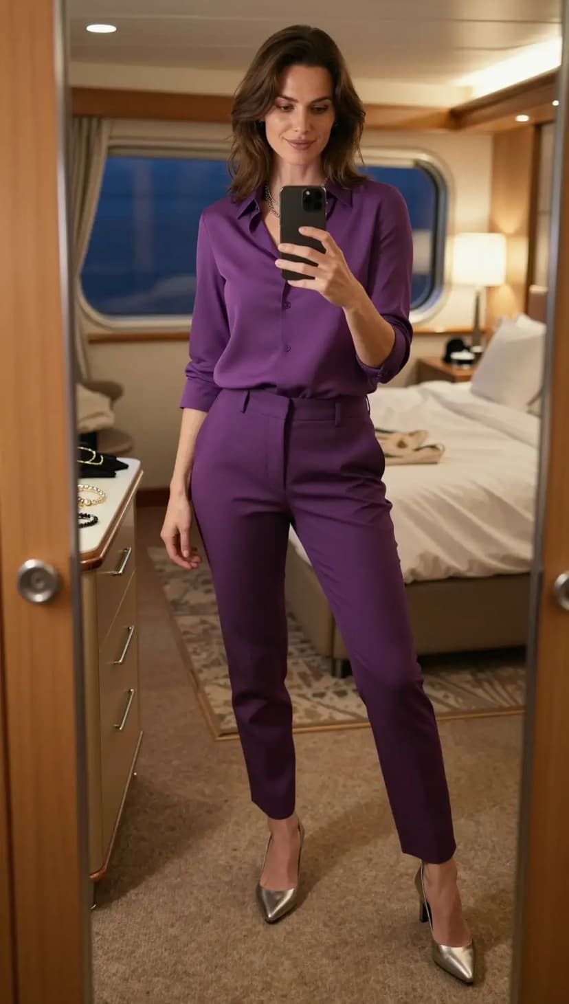 Purple Satin Button-Down Shirt + Purple Tailored Trousers + Silver Pointed Heels