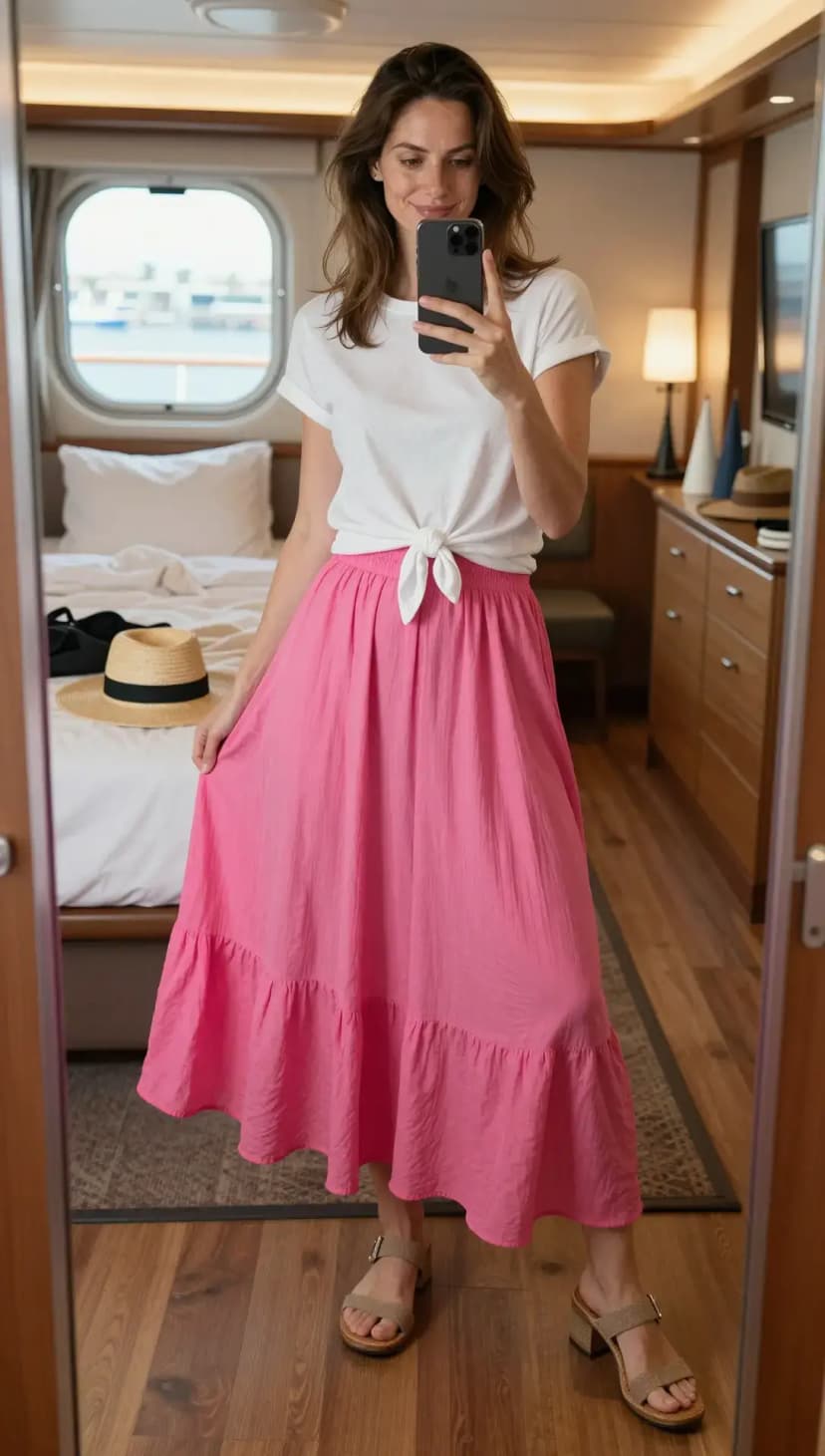White Cotton Tee + Hot Pink Gauze Maxi Skirt + Tan Block Heel Sandals