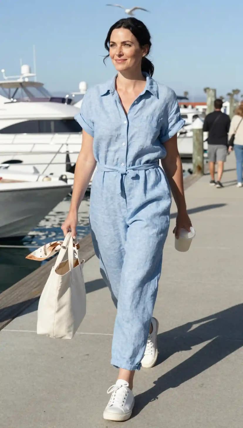 Light Blue Linen Jumpsuit + White Canvas Tote + Silk Scarf + White Sneakers