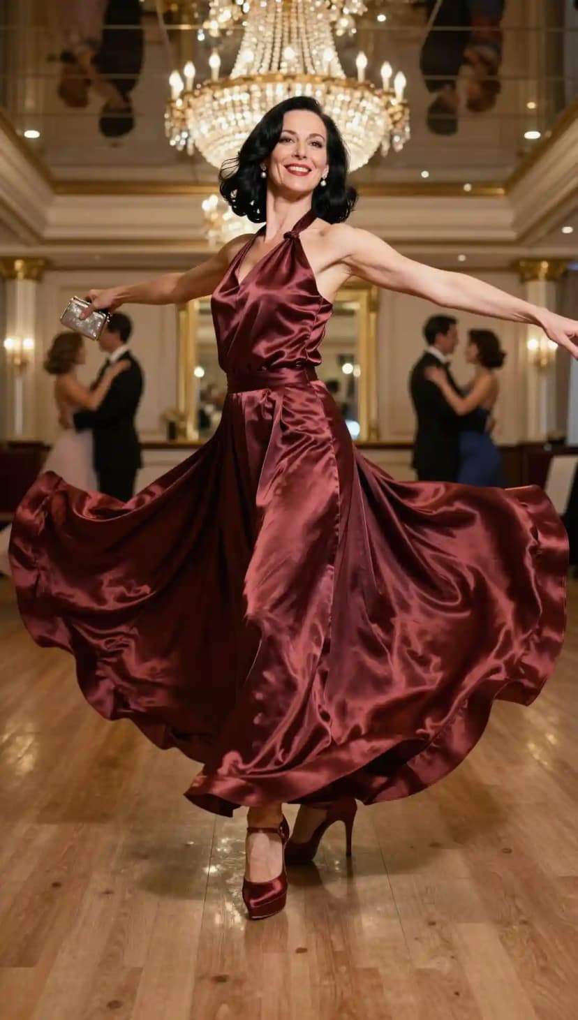 Burgundy Satin Halter Maxi Dress + Silver Clutch + Burgundy Platform Heels