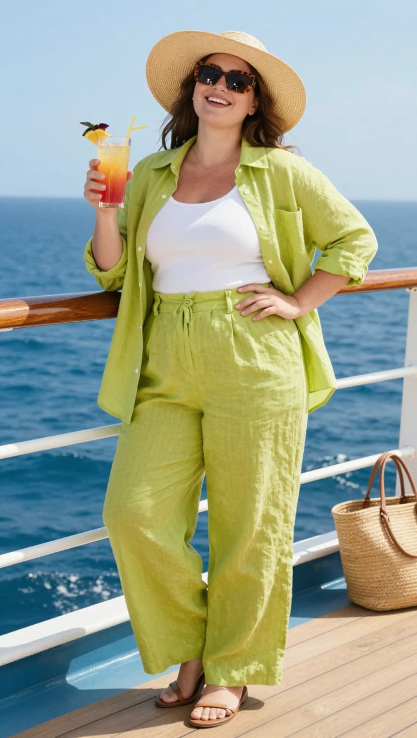 White Ribbed Tank Top + Lime Linen Button-Down Shirt + Lime Linen Wide-Leg Pants