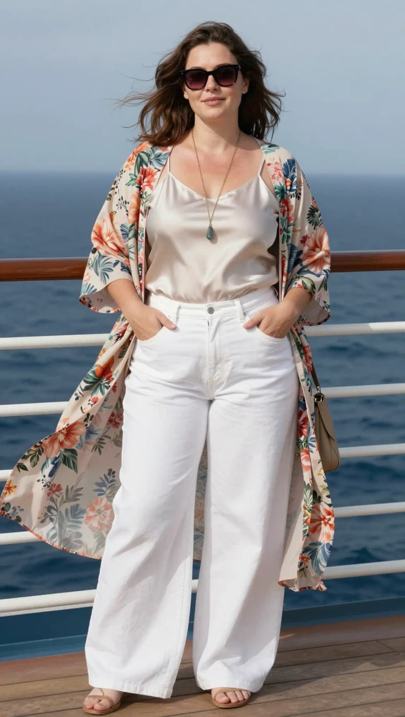 Cream Silk Camisole + White Denim Wide-Leg Pants + Floral Print Kimono