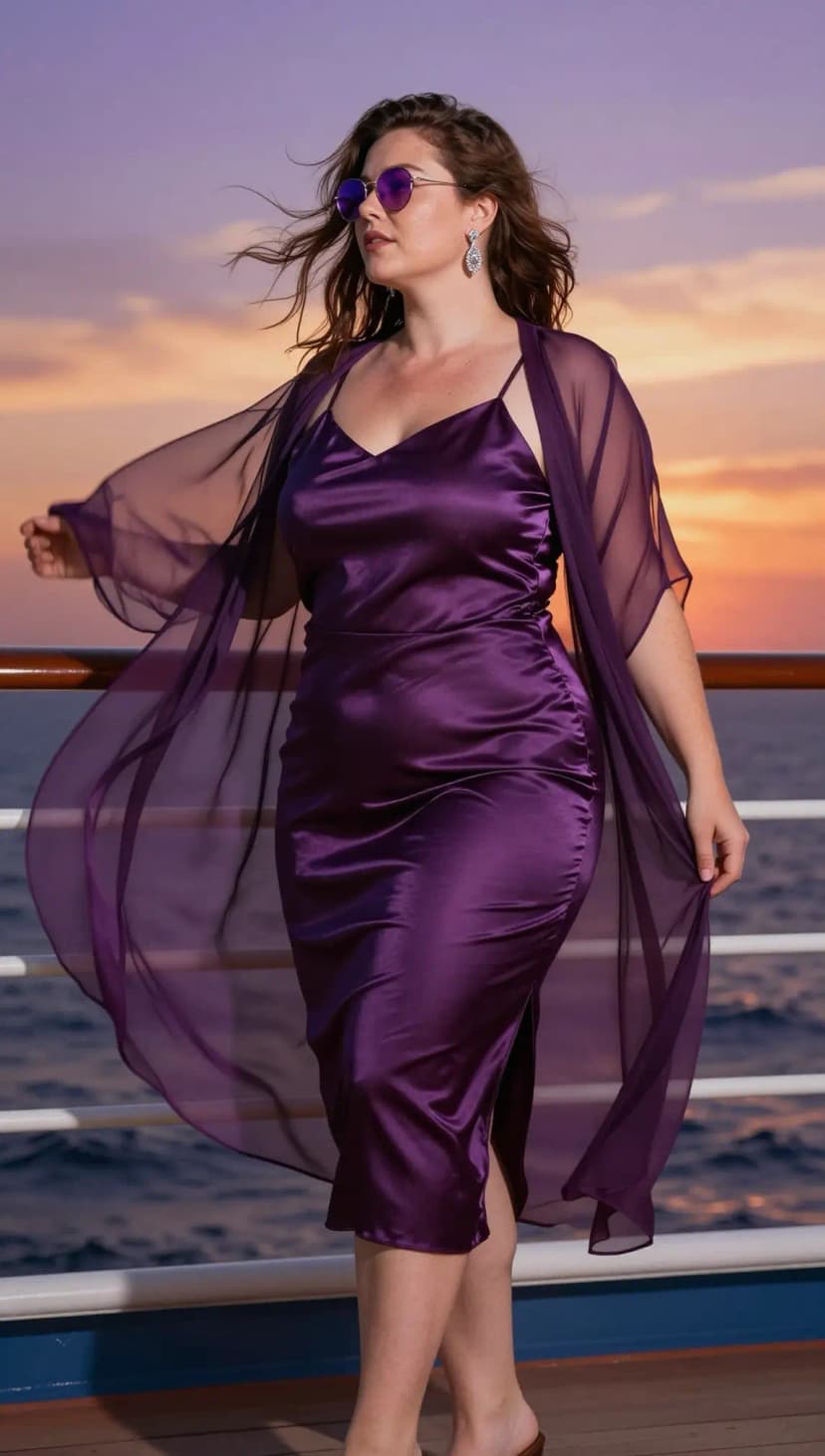 Purple Satin Slip Dress + Sheer Purple Kimono
