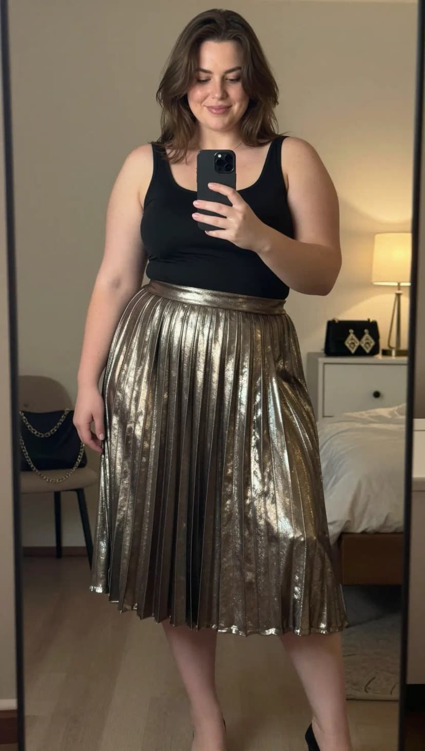 Black Tank Top + Gold Metallic Pleated Midi Skirt