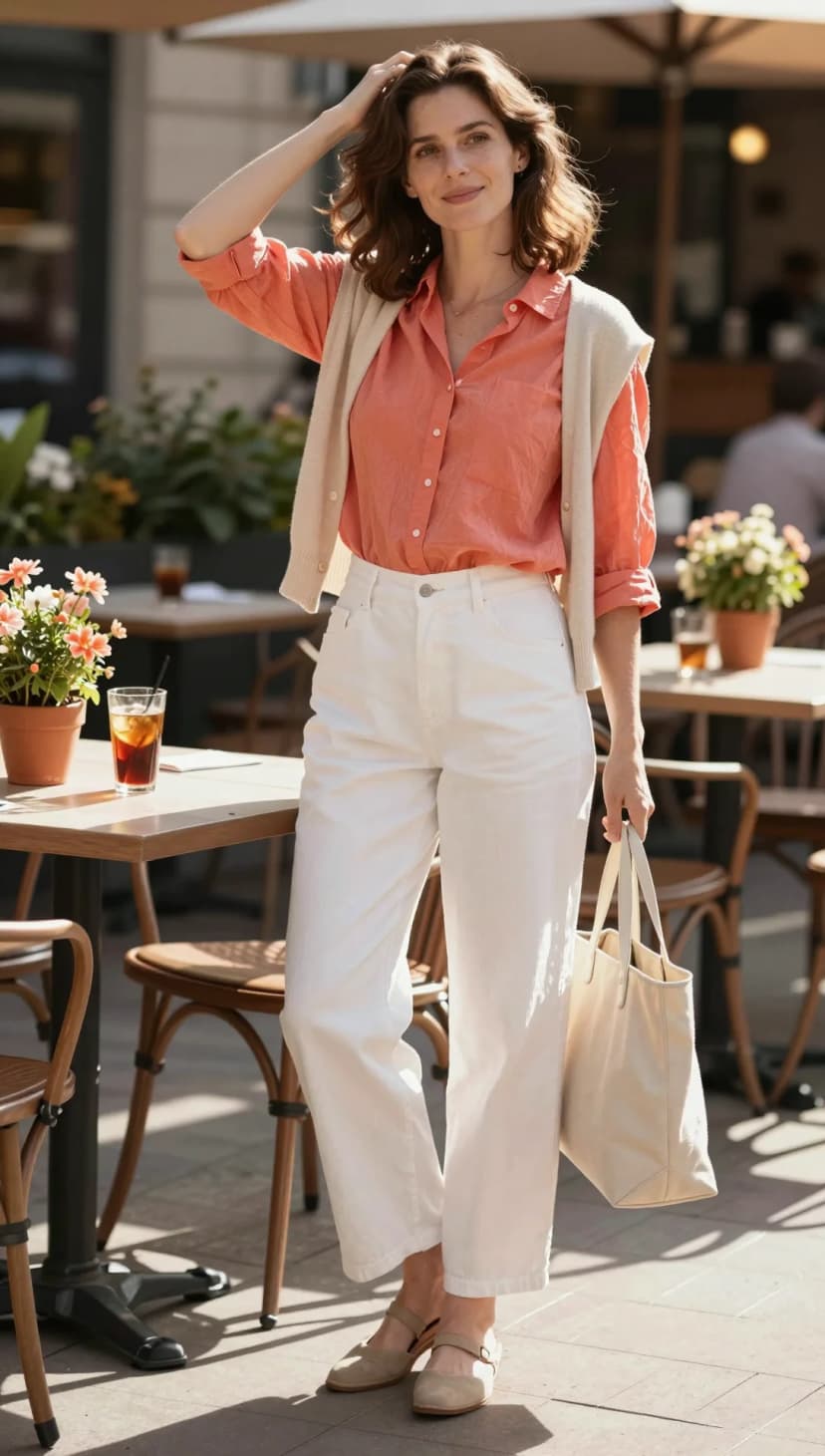 Coral Linen Button-Down + Cream Wide-Leg Jeans + Beige Cardigan + Nude Mary Janes