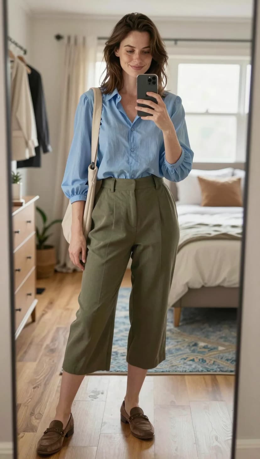 Sky Blue Linen Button-Down + Olive Green Linen Culottes + Brown Suede Loafers