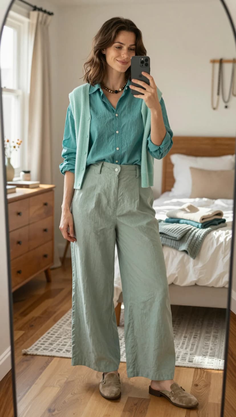 Teal Linen Shirt + Sage Wide-Leg Trousers + Mint Green Cardigan + Tan Mules