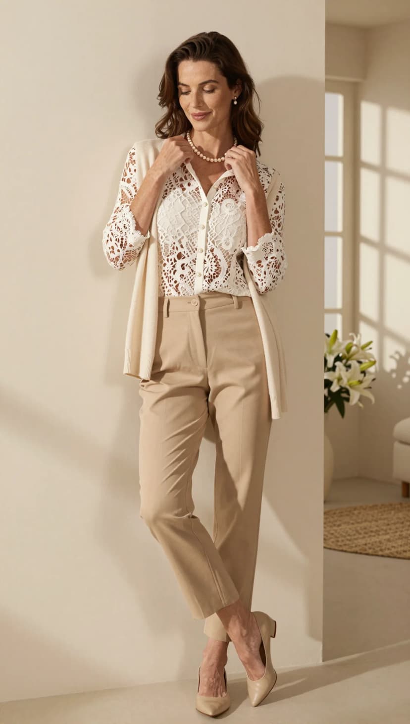 Cream Lace Blouse + Beige Tailored Trousers + Cream Cardigan + Beige Pumps