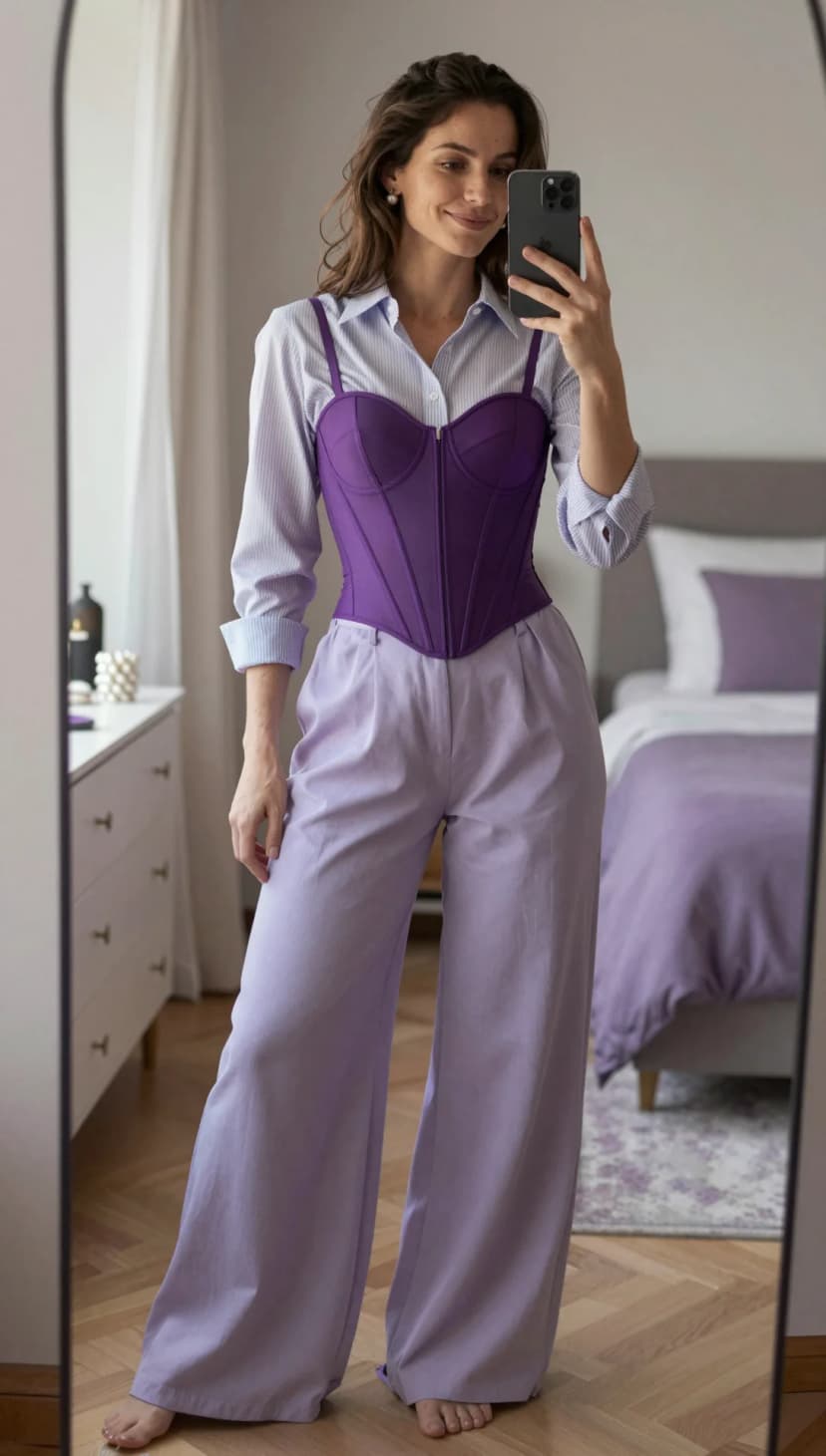 Light Blue Pinstripe Button-Down Shirt + Purple Corset Top + Lavender Wide-Leg Trousers
