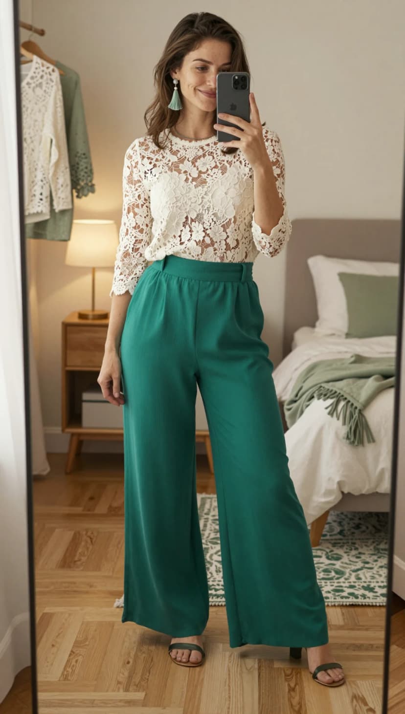 Cream Lace Top + Emerald Wide-Leg Trousers + Olive Block Heels