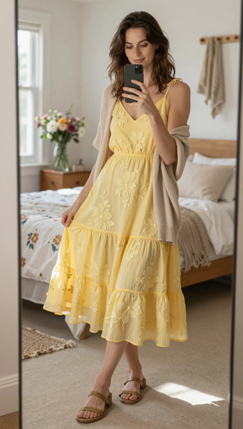 Yellow Embroidered Cotton Dress + Beige Knit Cardigan + Tan Leather Slides