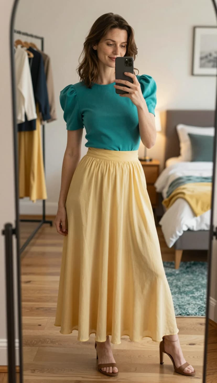 Teal Puff Sleeve Top + Yellow Linen Midi Skirt + Brown Suede Heels
