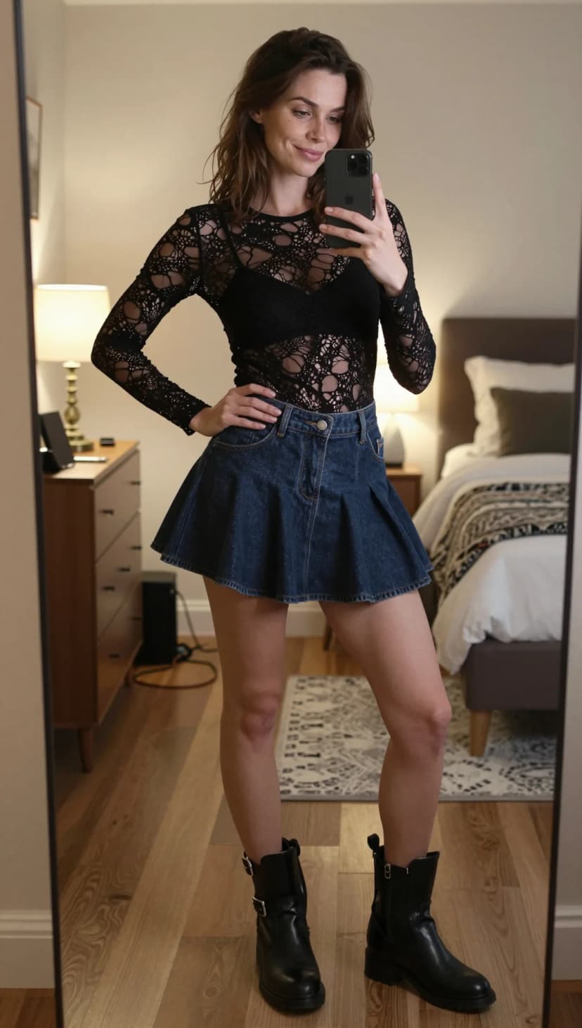 Black Lace Bodysuit + Blue Denim Mini Skirt + Black Combat Boots