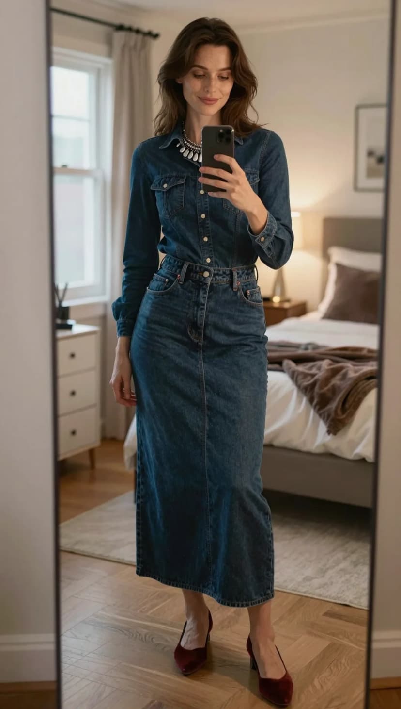 Dark Wash Denim Button-Up Shirt + Dark Wash Denim Maxi Skirt + Burgundy Suede Heels