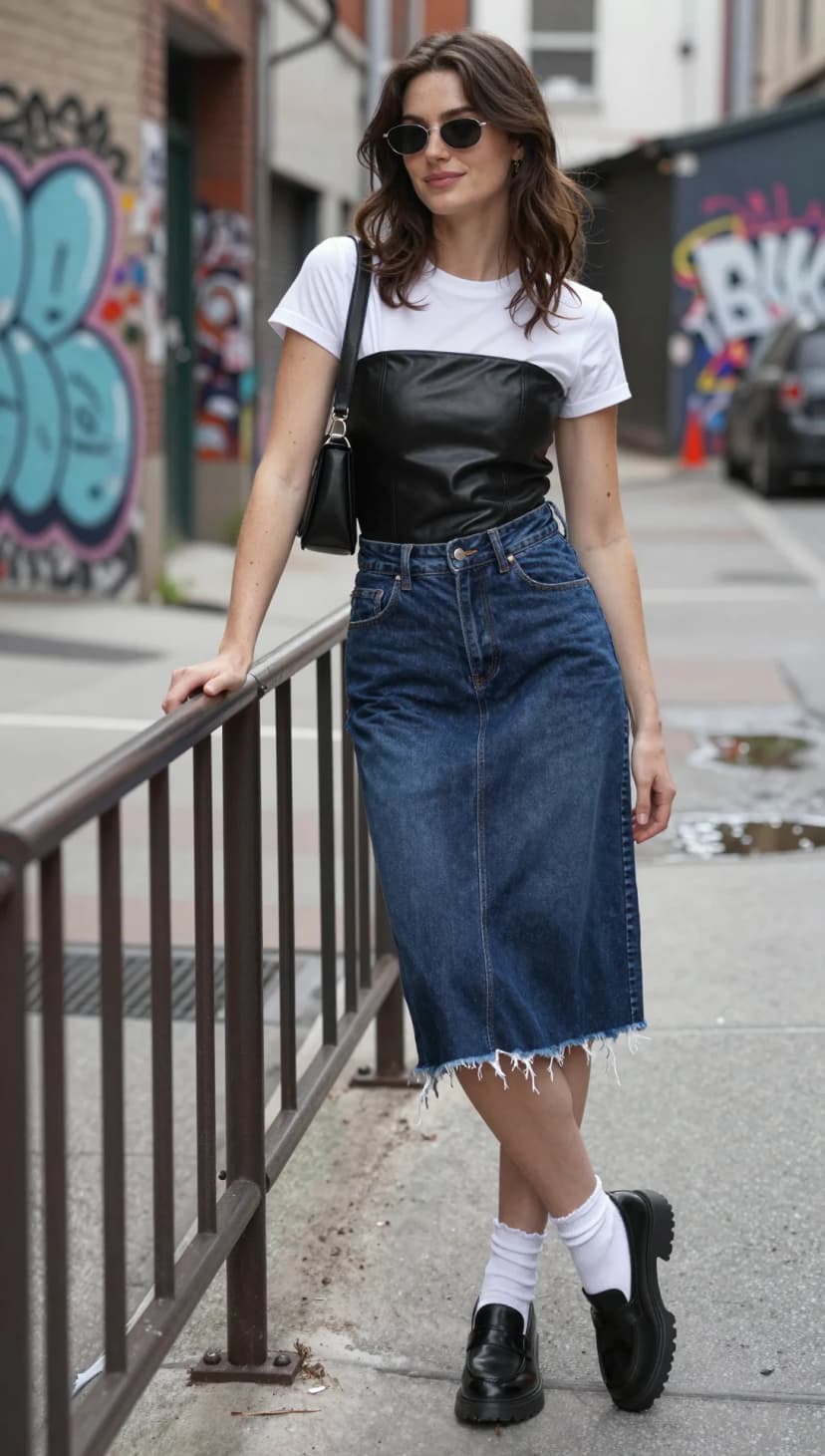 White Cotton T-Shirt + Black Faux Leather Corset Top + Dark Wash Denim Midi Skirt + Black Chunky Loafers
