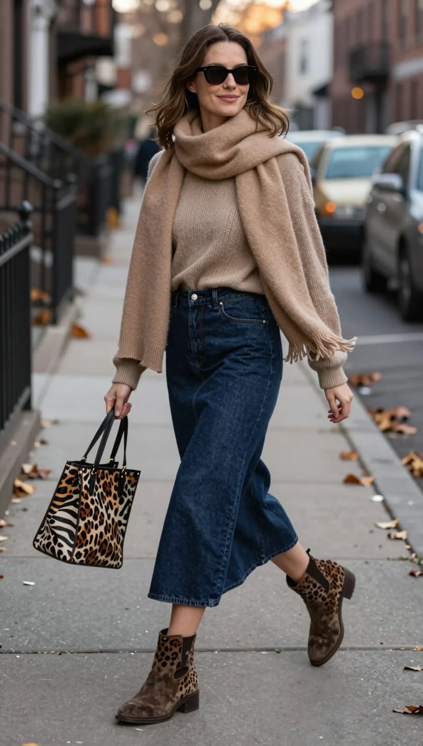 Camel Knit Sweater + Dark Wash Wide-Leg Jeans + Leopard Print Ankle Boots + Leopard Print Tote Bag